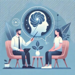 
Un homme et une femme assis sur des chaises lors d'une séance de coaching personnel avec PSYCH-K®, image du cerveau en arrière-plan.